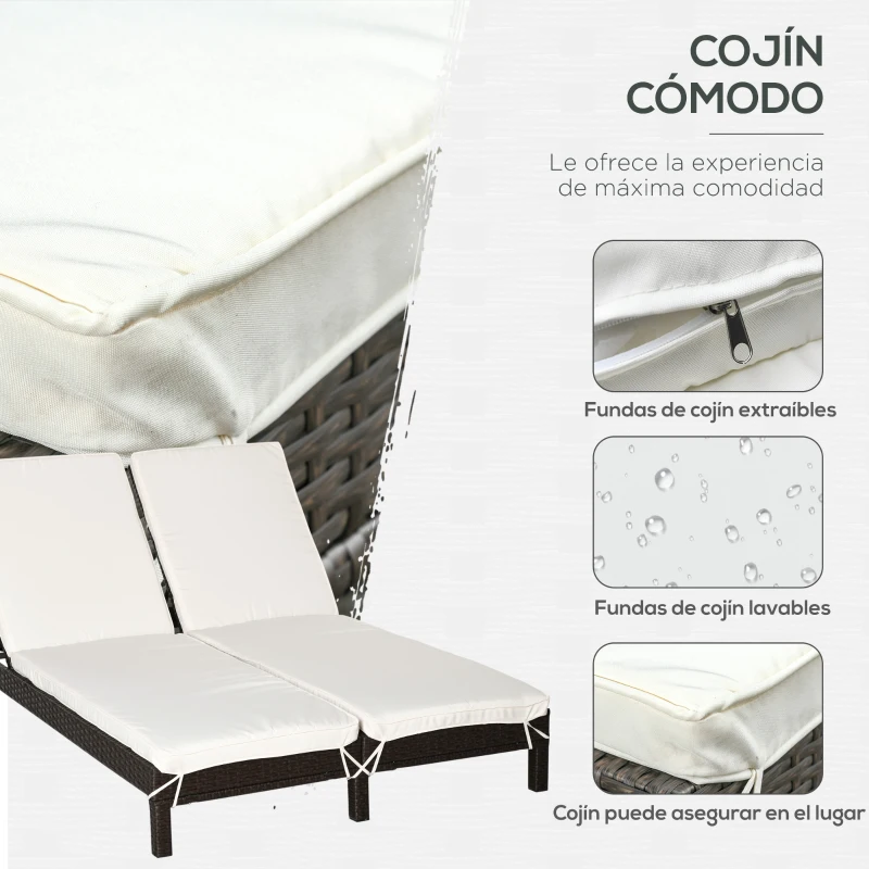 Outsunny Conjunto de Tumbona Exterior de Ratán 2 Plazas con Cojines Acolchados Resistente al Agua con Respaldo Regulable de 5 Niveles Soporta 220 kg 195x120x28 cm Marrón