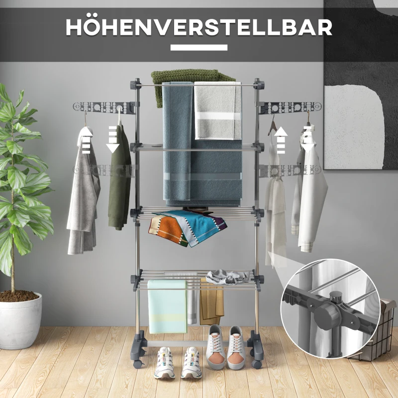 HOMCOM Wäschenständer Wäschetrockner 5 Ebenen, klappbar, One-Klick-System, 142 cm x 55 cm x1 72 cm, Grau + Silber