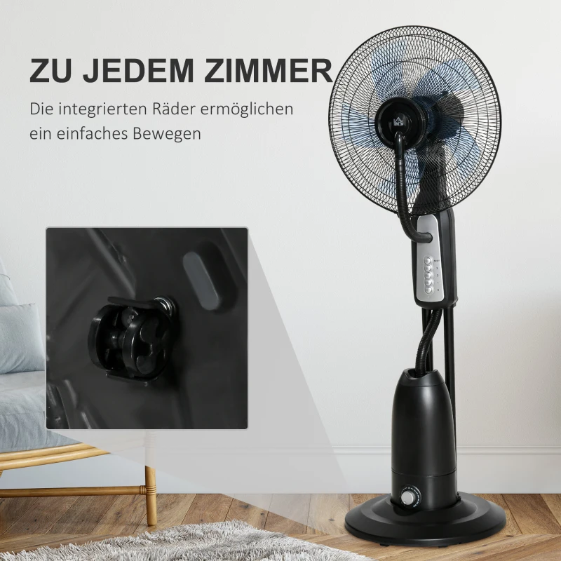 HOMCOM Ventilator mit Wasserkühlung, Standventilator mit Verstellbar Sprühnebel, 3 Geschwindigkeiten, 2,8 L Wassertank, 70° oszillierend, 90 W Wasserventilator mit Rollen, 120 cm