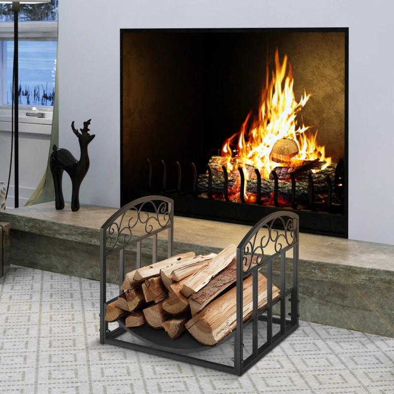 Outsunny Metal Firewood Log Holder Indoor Outdoor Firewood Rack Inner Arced Fireplace Wood Storage Shelf w/ Elegant Scrolls, Black, 45W x 35D x 40H cm
