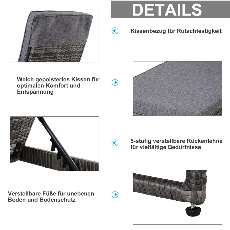 Outsunny dreiteiliges Set Sonnenliege mit verstellbarer Rücklehne Garten Liege Teetisch Flammhemmende Polsterung Metall PE-Rattan Polyester Grau 195 x 60 x 86 cm