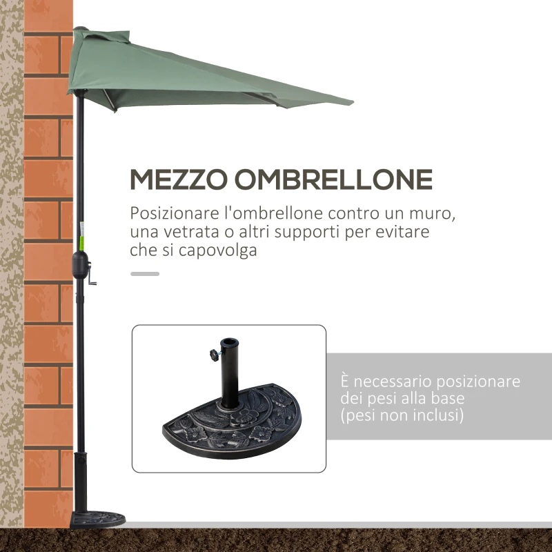 Outsunny Ombrellone Semicircolare da Parete 2.7x2.4 m con Apertura a Manovella in Poliestere, Verde