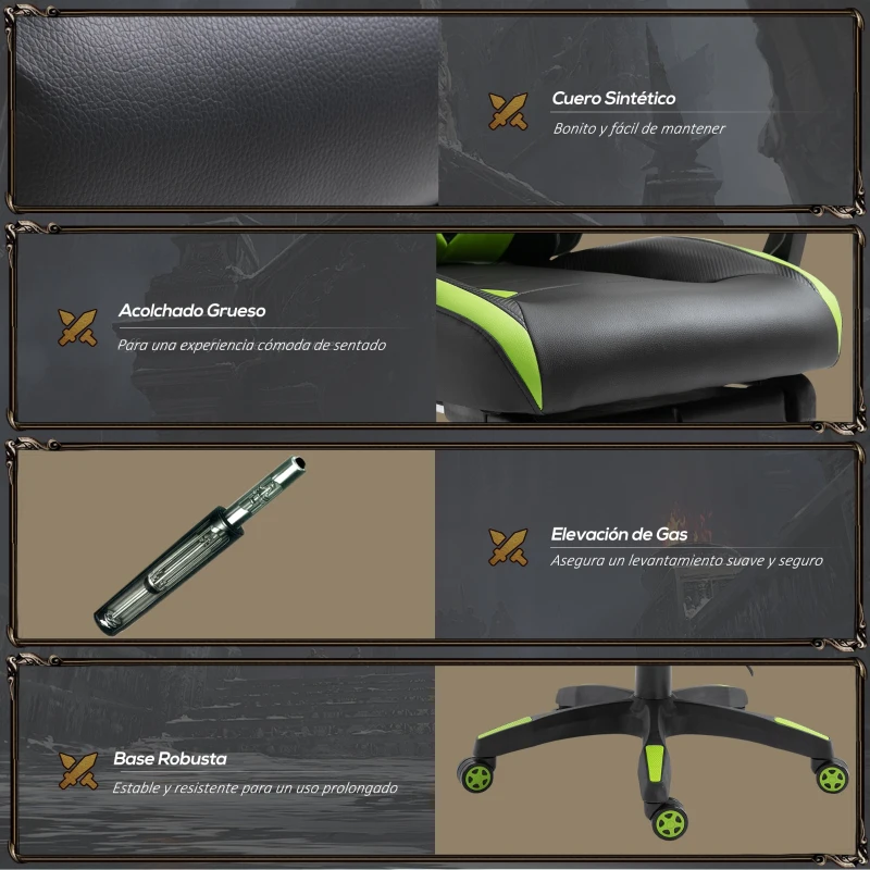 Vinsetto Silla Gaming Ergonómica Silla de Escritorio para Oficina con Altura Ajustable Respaldo Regulable de 170° Almohada Lumbar y Reposapiés Retráctil 65x70x117-125 cm Verde