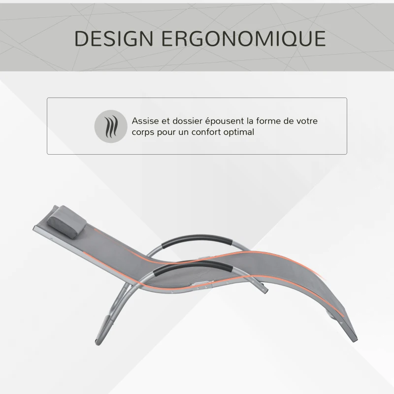 Outsunny Chaise longue bain de soleil de jardin avec appui-tête design ergonomique grand confort léger moderne aluminium txtilène 160 x 60 x 65 cm gris foncé