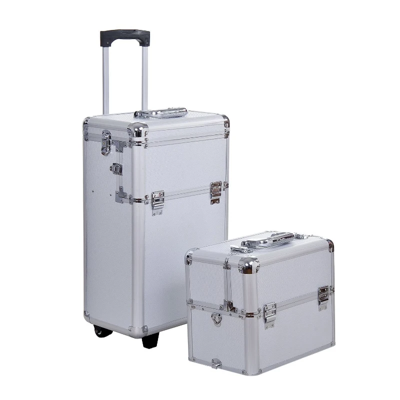 HOMCOM Maletin Maquillaje Profesional 35,5x23x86cm Maleta Trolley 4 Pisos 2 Ruedas Plateado Peluqueria Estetica