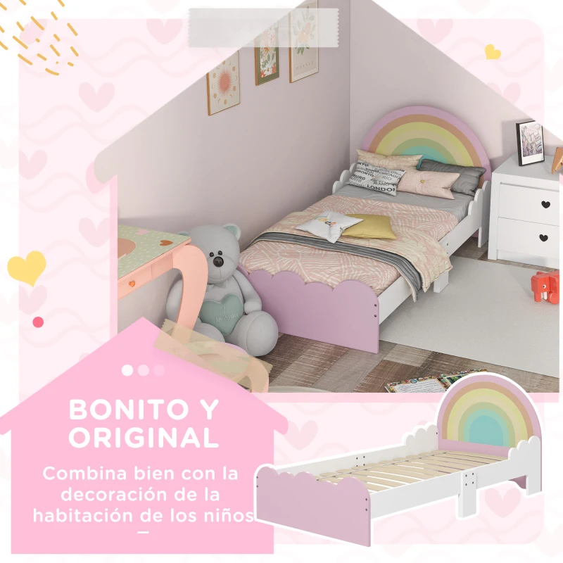 ZONEKIZ Cama Infantil de Madera 143x74x66 cm en Forma de Arcoíris Mueble de Dormitorio Moderno Carga 80 kg Rosa