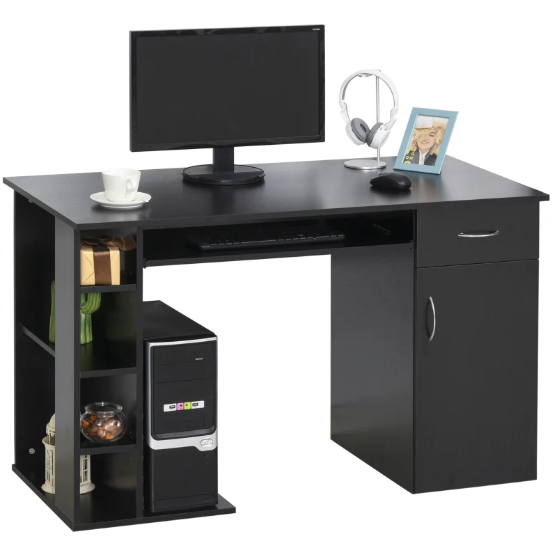 HOMCOM Mesa Escritorio para PC Mesa de Ordenador con Estantes abiertos y baldas Ajustables Armario Soporte para CPU y Bandeja Extraíble 120x60x74 cm Negro