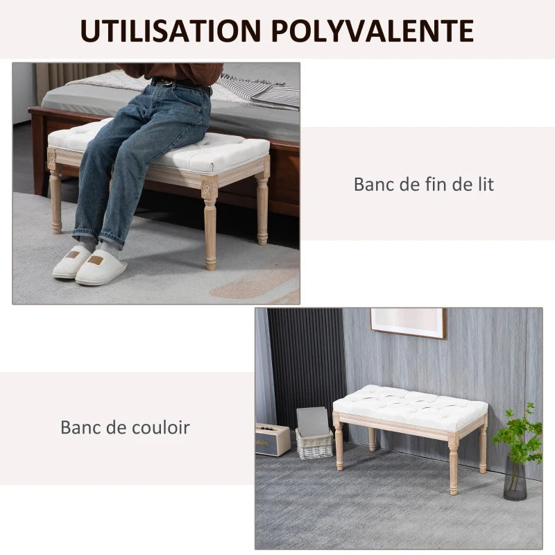 HOMCOM Banc bout de lit banquette capitonnée style vintage français revêtement tissu aspect lin pieds en bois massif crème