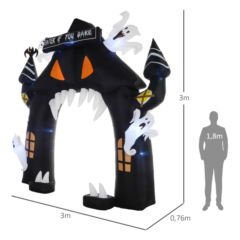 Outsunny Aufblasbarer Halloween-Torbogen, 4 Geister, LED-Lichter, wasserdicht, 300 x 76 x 300 cm(m-3)
