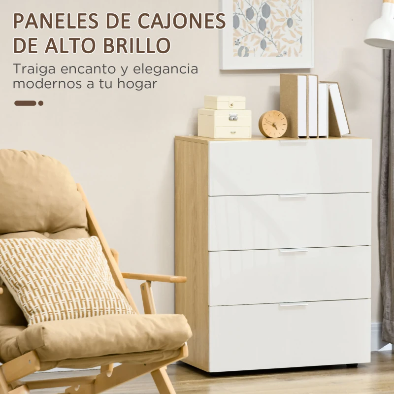 HOMCOM Cómoda con 4 Cajones de Alto Brillo Cajonera de Madera para Dormitorio Salón Oficina 70x35x92 cm Blanco y Natural