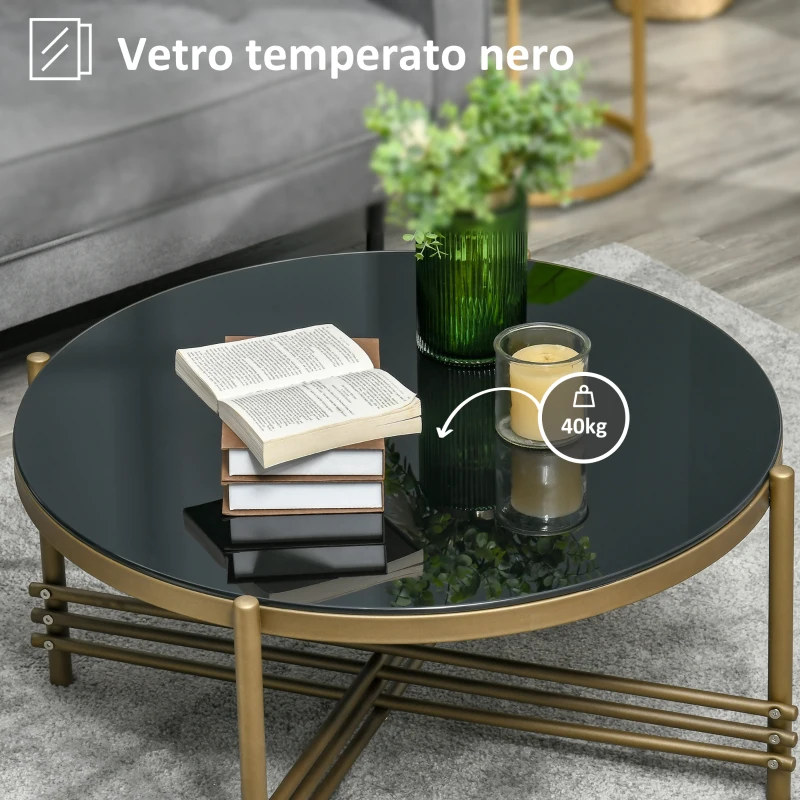 HOMCOM Tavolino da Caffè con Piano in Vetro Temperato e Base in Metallo, Ø85x41cm, Nero e Oro