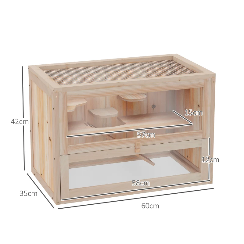 PawHut Jaula para Hámster de Madera de 2 Niveles Casa para Animales Pequeños con Plataformas Escaleras 60x35x42 cm Madera Natural