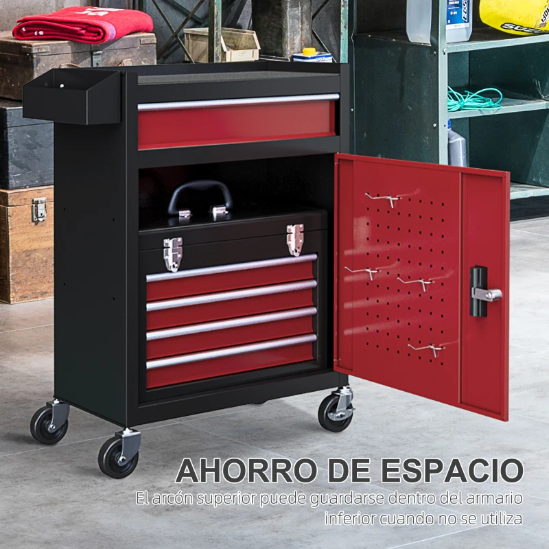 HOMCOM Carro de Herramientas Caja de Herramientas de Acero Carro de Taller con Ruedas Puerta y Cajones para Taller Garaje Rojo