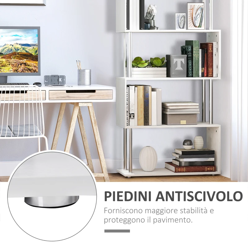 HOMCOM Libreria a 4 Ripiani Design Moderno in Legno e Metallo, Libreria Scaffale per Soggiorno, Studio, Ufficio, 80x30x145cm Bianca