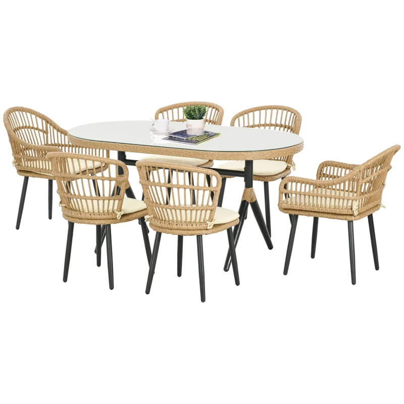 Outsunny Set da Giardino 7 Pezzi in Rattan PE con Tavolo da Pranzo 153x89x74 cm e 6 Sedie 52x62x78 cm con Cuscini