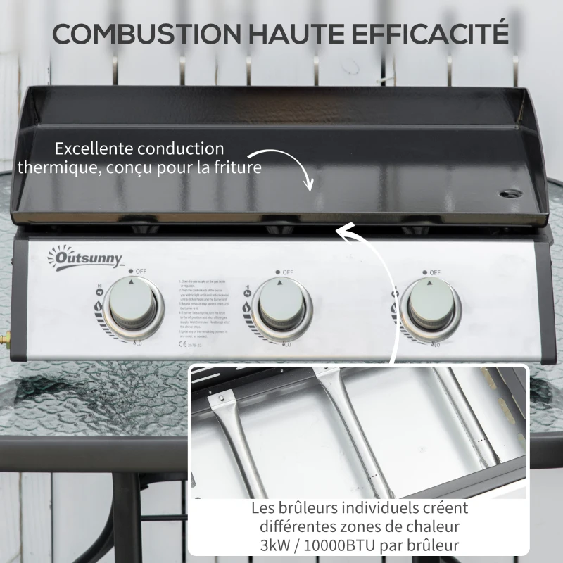 Outsunny Plancha gaz en acier inox 3 brûleurs 9 kW antiadhésive grande surface de gril 61 x 35,5 cm