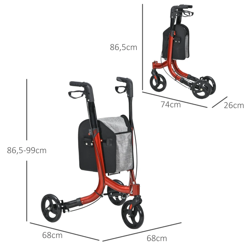 HOMCOM Déambulateur 3 roues pliable double frein hauteut réglable aluminium léger et résistant 68 x 68 x 99 cm rouge(m-3)