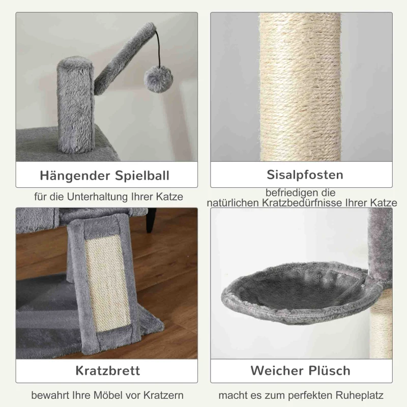 PawHut Kratzbaum Katzenbaum Deckenhoch Kletterbaum mit Spielbaum Katze Sisal Plüsch Hellgrau höhenverstellbar 60 x 40 x 238-270 cm
