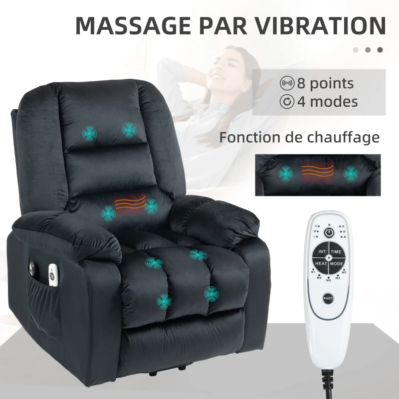 HOMCOM Fauteuil releveur électrique fauteuil de relaxation inclinable 8 points de massage vibrants 85 x 94 x 107 cm noir(m-6)