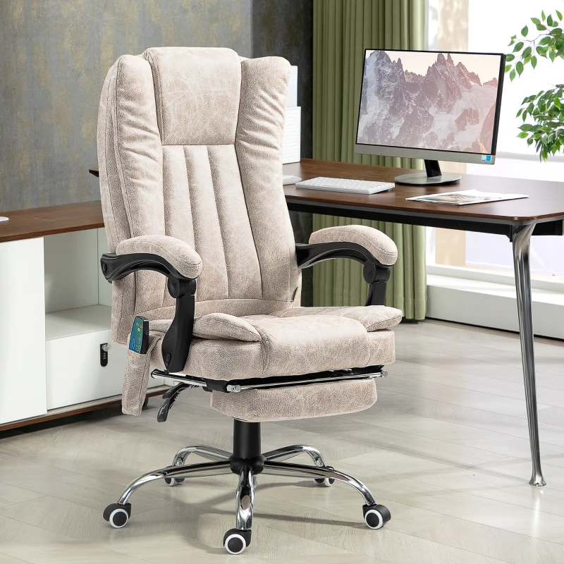 Vinsetto Bürostuhl mit Massagefunktion, Ergonomischer Schreibtischstuhl mit Liegefunktion, Heizfunktion, Seitentasche, Cremeweiß(m-2)