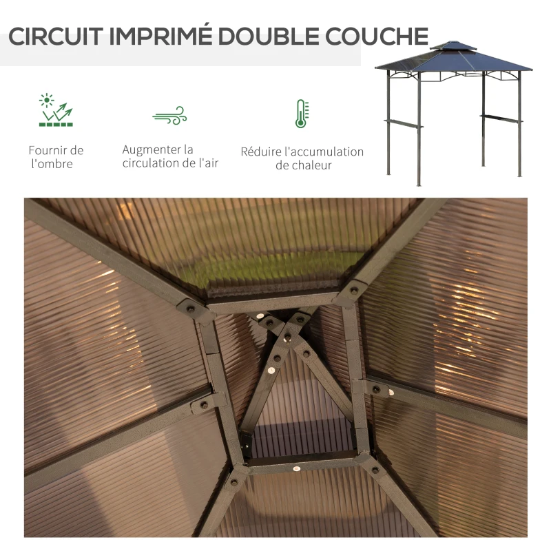 Outsunny Tonnelle jardin 2,4 x 1,5 m - abri barbecuesteakhouse 2 étagères, toit de barbecue alu. métal noir toit polycarbonate