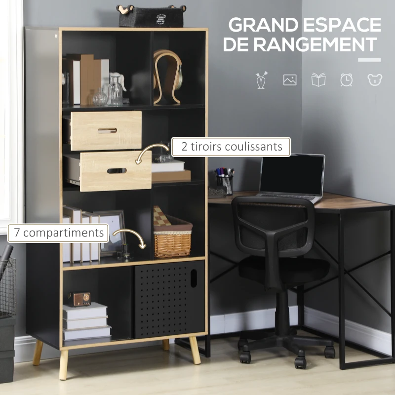 HOMCOM Bibliothèque meuble de rangement 2 tiroirs 7 compartiments porte coulissante 80 x 40 x 165 cm noir et naturel