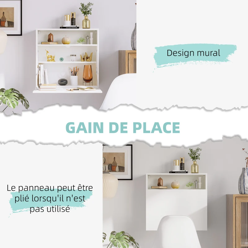 HOMCOM Bureau suspendu bureau mural avec tablette rabattable et 3 compartiments - 64 x 20 x 60 cm - blanc