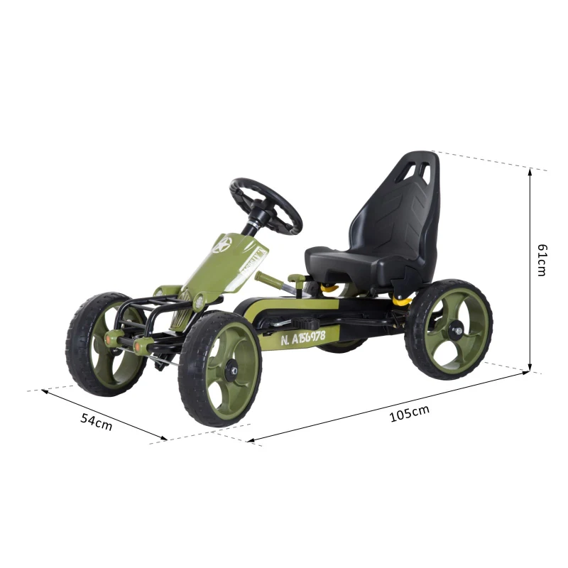 HOMCOM Go Kart Tretauto Tretfahrzeug mit Handbremse Kinderfahrzeug Kettcar Tretfahrzeug mit Verstellbarem Sitz ab 3 Jahren Grün 105 x 54 x 61cm