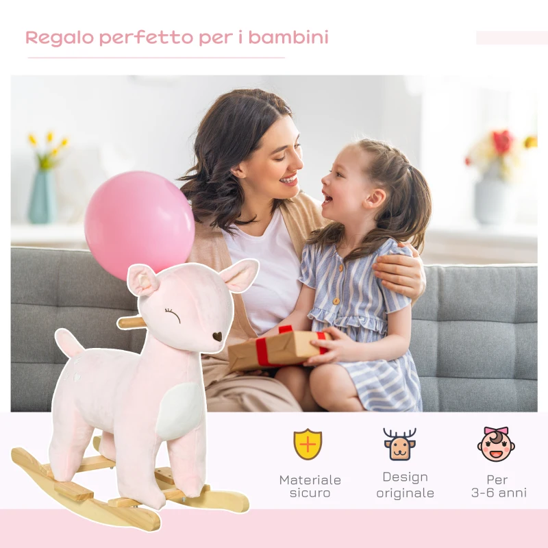 HOMCOM Cavallo a Dondolo per Bambini 36-72 Mesi, Gioco Cavalcabile per Bambini a Forma di Cervo con Suoni in Peluche Rosa, 68x35.5x64cm