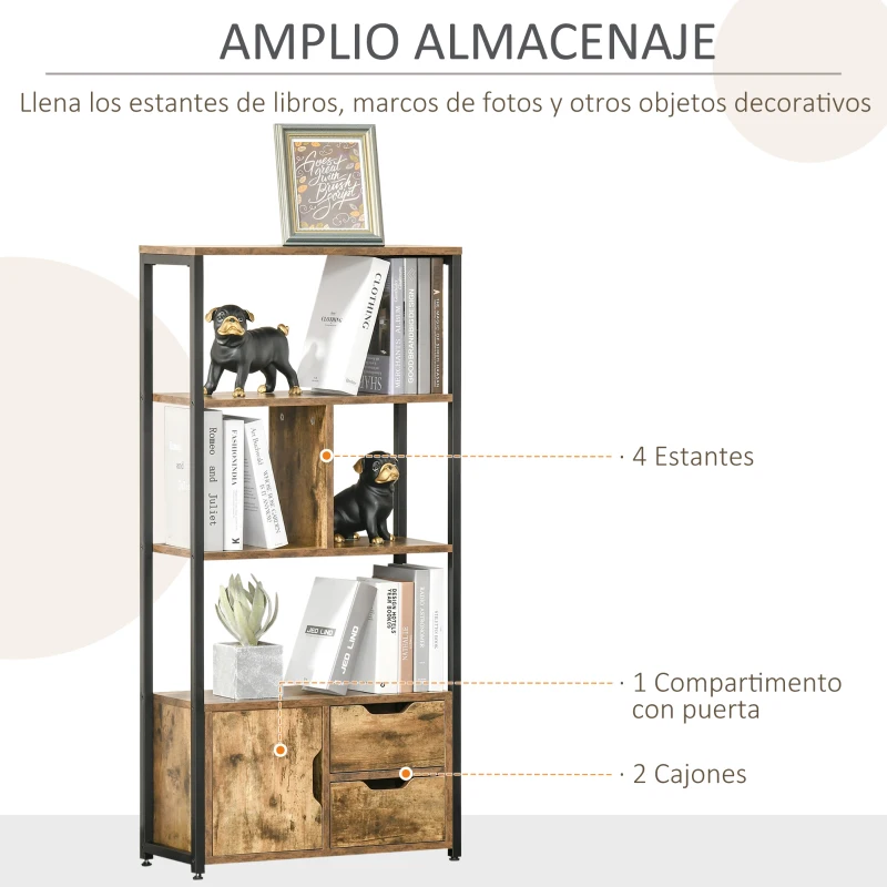 HOMCOM Estantería de Estilo Industrial con Armario y 2 Cajones para Libros y Almacenaje 58x24x122 cm Marrón Rústico