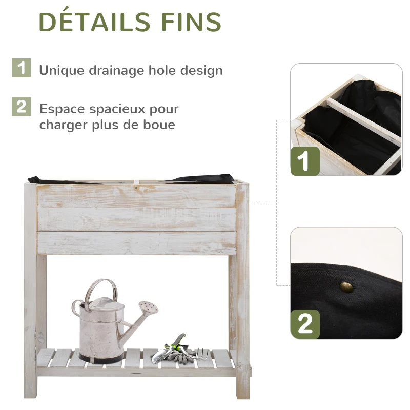 Outsunny Jardinière sur Pieds carré Potager avec étagère dim. 80L x 40l x 78H cm 4 Compartiments Bois Sapin Blanc Effet Vieilli