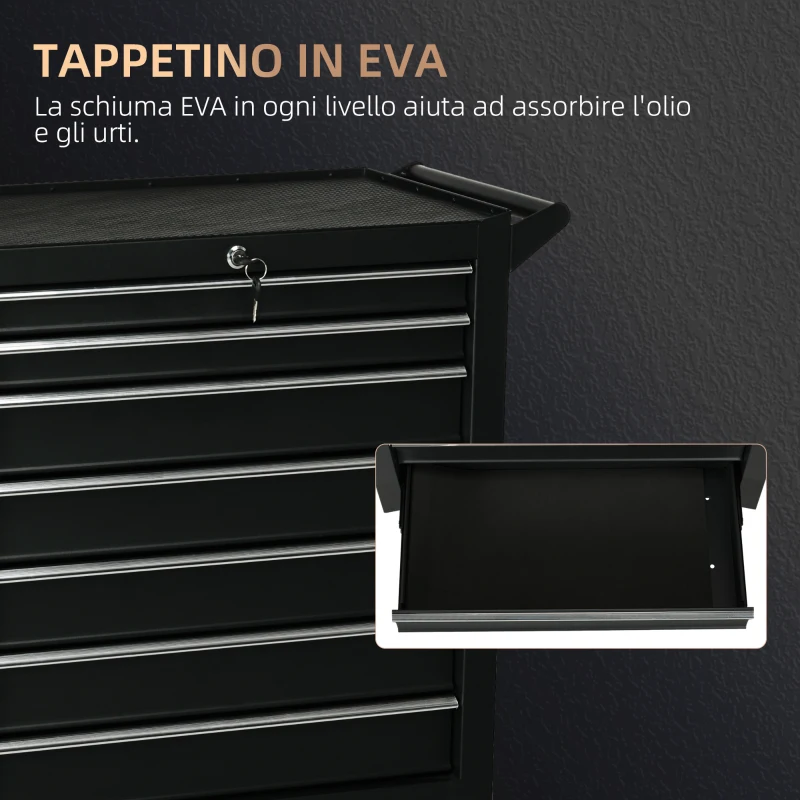 DURHAND Carrello da Officina con 7 Cassetti, Serratura con Chiavi, Ruote e Maniglia, 69x33x75cm, Nero