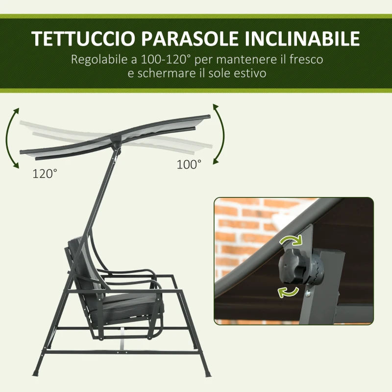 Outsunny Dondolo da Giardino 2 Posti in Acciaio con Tettuccio Inclinabile e Cuscini, 148x129x172 cm