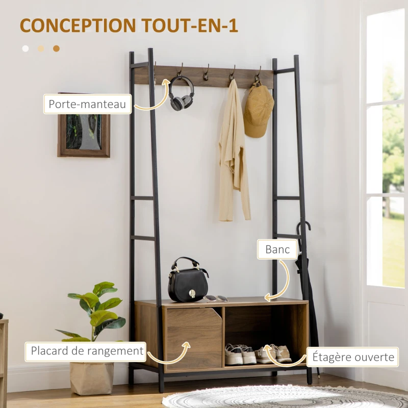 HOMCOM Meuble d'entrée style industriel 5 patères 1 placard  armature métallique rigide 84 x 40 x 169 cm marron
