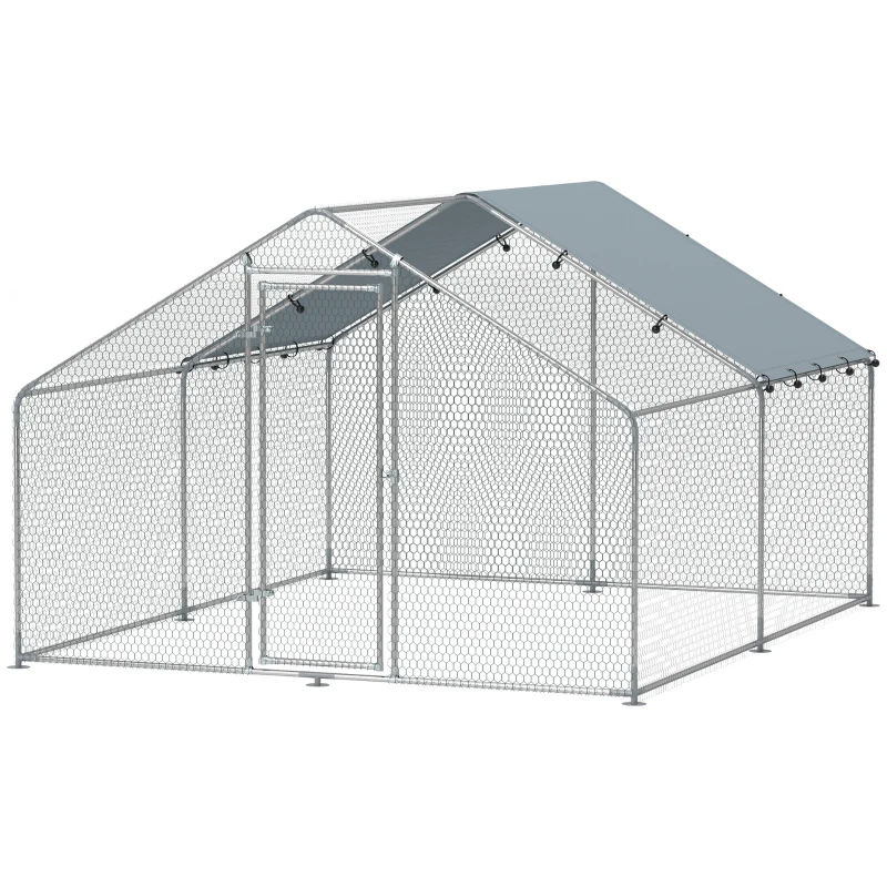 PawHut Corral para Gallinas Gallinero Metálico Grande de 3x3,4x1,9 m con Cubierta Impermeable y Anti-UV Plata