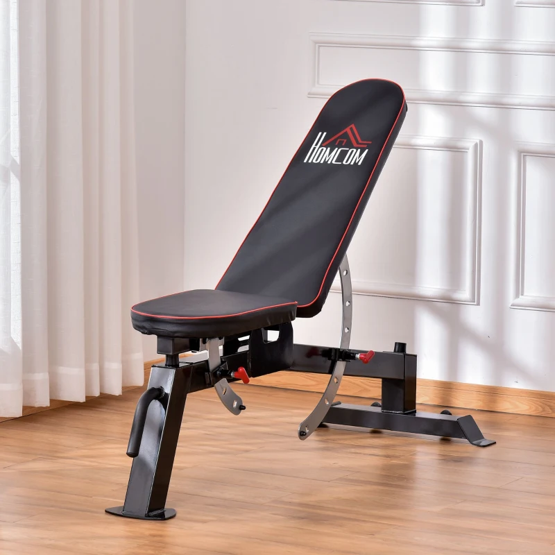 HOMCOM Hantelbank Kraftstation mit 3 Stufen verstellbarem Sitzpolster Trainingsbank Gewicht bis 200 kg Stahl Kunstleder Schwarz+Rot 150 x 60 x 50-127 cm
