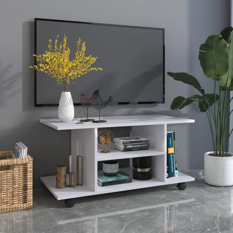 HOMCOM Meuble TV avec roulettes pivotantes, banc TV en bois avec étagères, support télé pour télévision jusqu'à 42 pouces, style contemporain pour salon chambre et bureau, 80 x 40 x 40 cm, blanc
