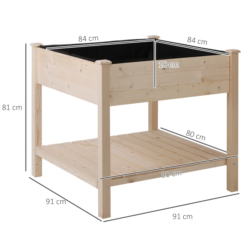 Outsunny Letto per Orto Rialzato, Orto Urbano Pensile Tavolo Porta Piante con Fodera in Tessuto per Giardino, 91x91x81cm, Legno