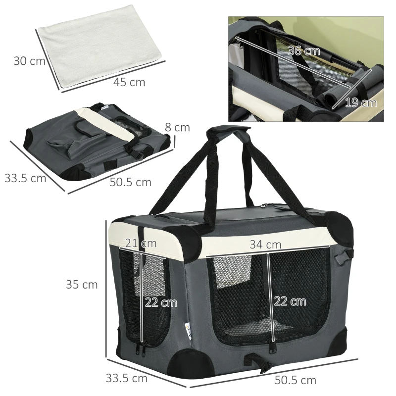 PawHut Trasportino per Cani Toy e Gatti fino 4kg Pieghevole con 3 Aperture e Cuscino, 50.5x33.5x35cm, Grigio