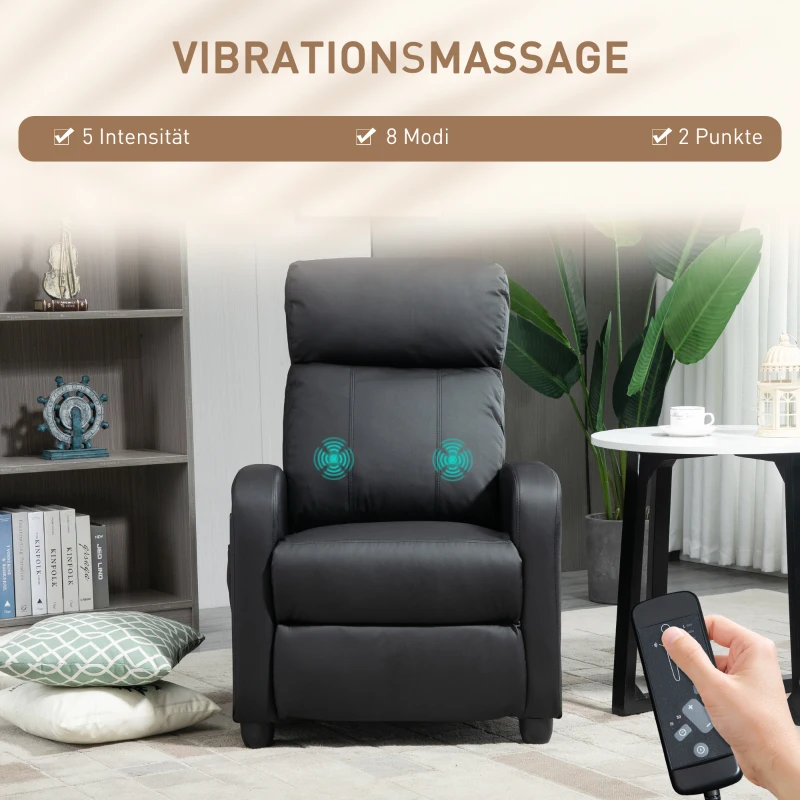 HOMCOM Relaxsessel Fernsehsessel mit Vibrationsmassage, Massagesessel mit Liegefunktion, 2 Massagepunkte, TV Sessel mit Fernbedienung, Seitentasche, Kunstleder für Wohnzimmer, Schwarz
