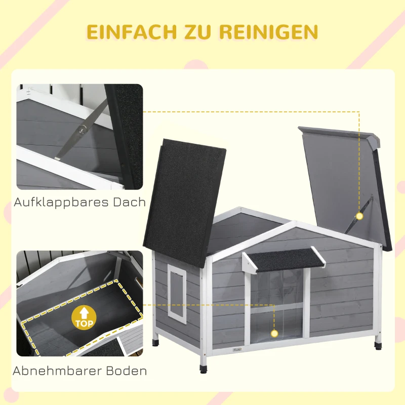 PawHut Hundehütte aus Massivholz, wetterbeständig, Asphaltdach, abnehmbarer Boden, 109 cm x 79 cm x 72 cm, Grau + Weiß