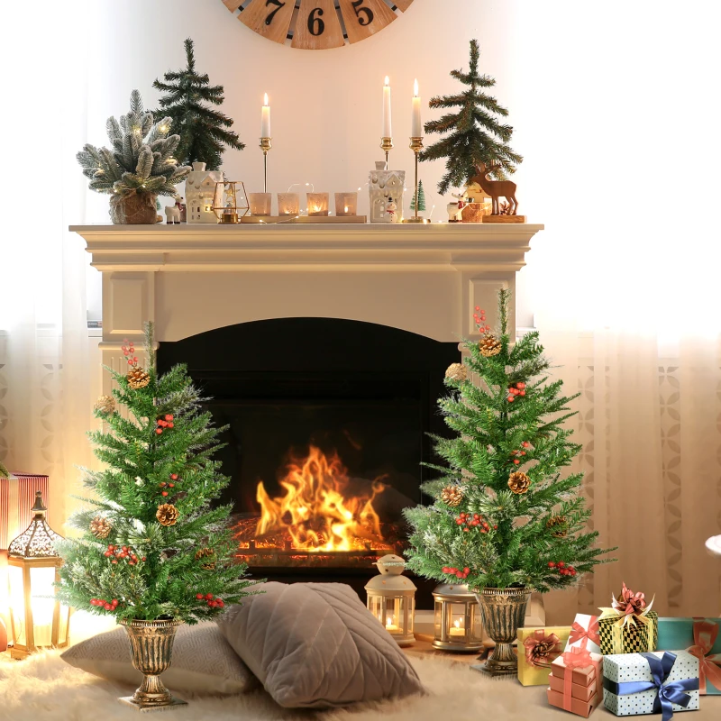 HOMCOM Set de 2 Árboles de Navidad Artificiales de 90cm con  con Bayas y Piñas Decoración Navideña para Interiores Verde