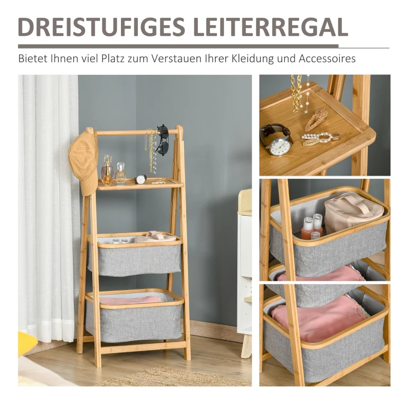 HOMCOM Standregal Badezimmerregal Bambusregal 3-stufiges Büroregal Lagerregal Aktenregal Küchenregal faltbar Perfekt für das Wohnzimmer Küche Bad Büro Bambus Polyester Natur+Grau 44,5x33x108 cm