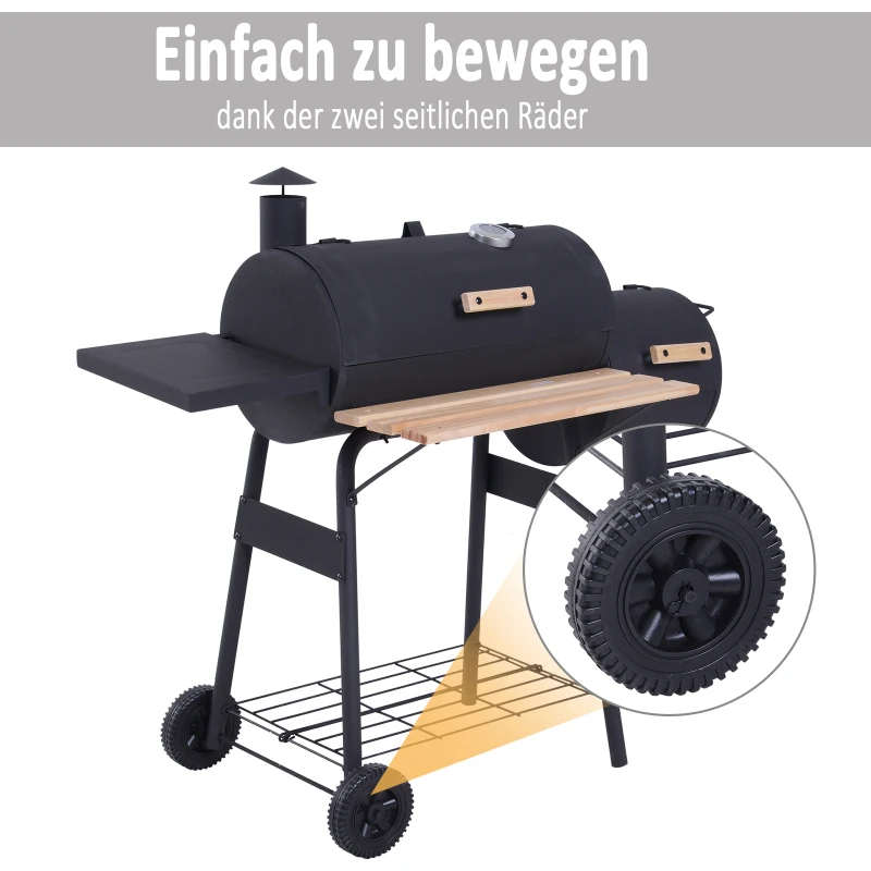 Outsunny Smoker Grill BBQ Holzkohlengrill Grillwagen Multifunktion mit 2 x Brennkammer Schornstein Metall + Tannenholz Schwarz 124 x 53 x 104 cm