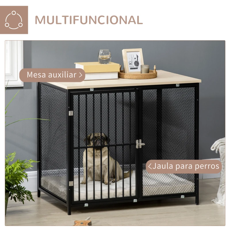 PawHut Jaula para Perros con Encimera Mesa Auxiliar con Perrera con Pestillo y Cojín Lavable 80x55x71 cm Roble y Negro