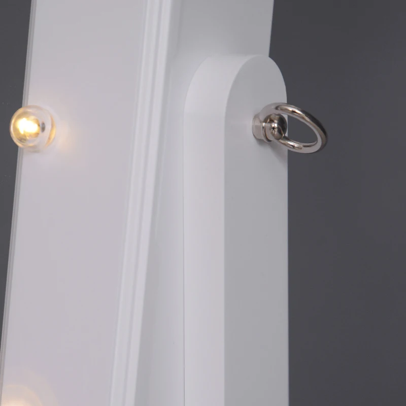 HOMCOM Espejo Joyero con 20 Luces LED Armario Joyero Reclinable con Guardajoyas Anillos Pendientes Collares 40x37x146 cm Blanco(m-7)