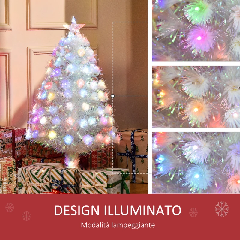 HOMCOM Albero di Natale Artificiale 90cm con 90 Luci LED Colorate e Fibre Ottiche, 90 Rami, Base in Metallo Pieghevole, Bianco