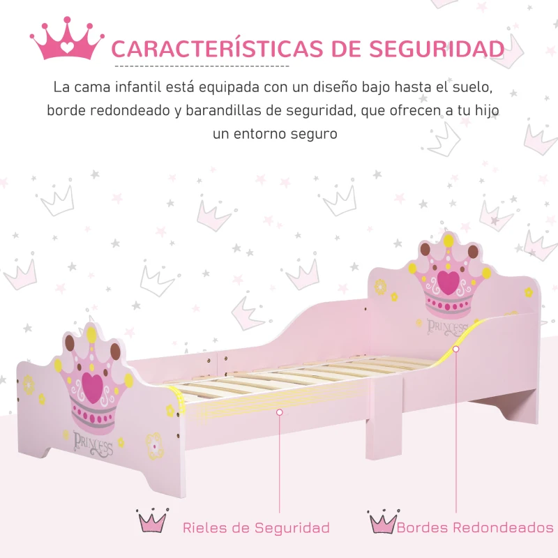 HOMCOM Cama Infantil de +3 Años 143x73x60 cm con Estampado de Corona Carga 50 kg para Dormitorio Rosa