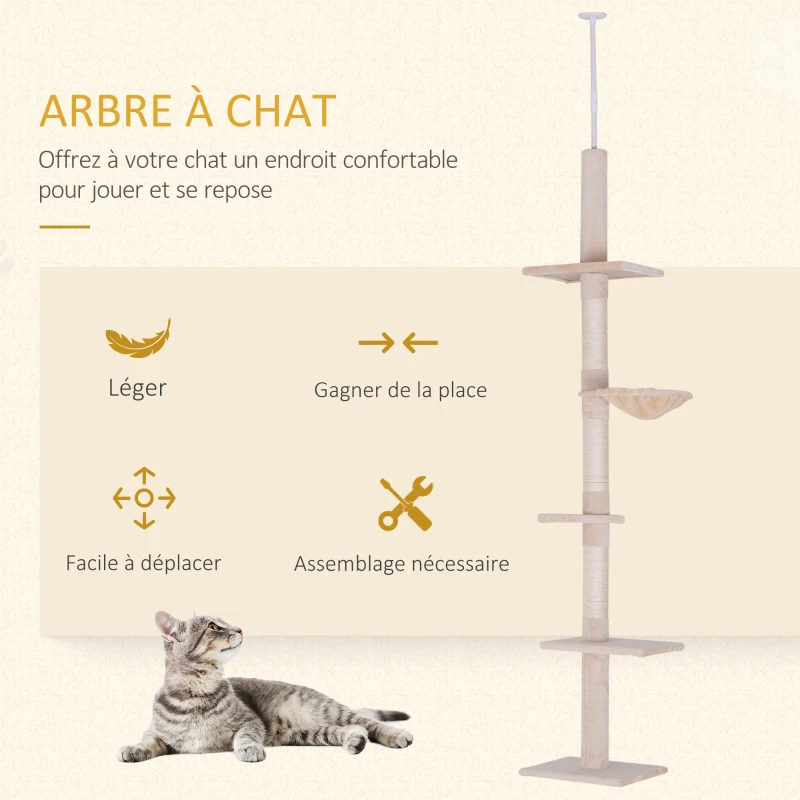 PawHut Arbre chat du sol au plafond poteau à griffer L40 x l 34 x H 230-260 cm 5 niveaux d'activités beige