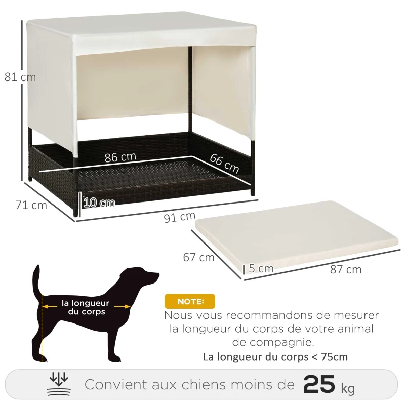PawHut Lit Surélevé pour Chien Chat avec Coussin et auvent Toile Amovibles pour Extérieur et Intérieur dim. 91L x 71l x 81H cm résine tressée